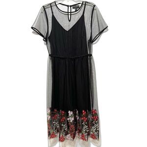 Forever 21 Midi Dress Embroidered Floral Sheer w/ Slip Black Short Sleeve sz 1X